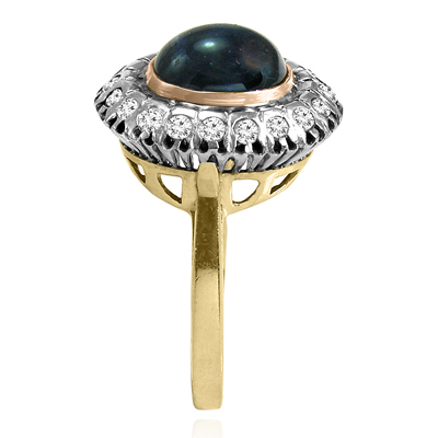 14k Yellow, Rose and White Gold Genuine Cabochon Sapphire & Diamond Russian Style Ring