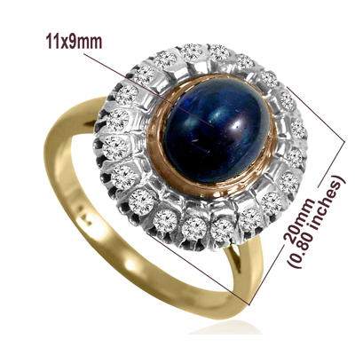 14k Yellow, Rose and White Gold Genuine Cabochon Sapphire & Diamond Russian Style Ring