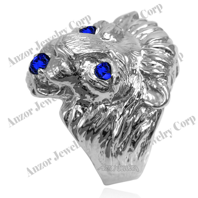 Heavy Men's Ring 10k Solid White Gold Genuine Sapphire Lion Ring size 7 to 14