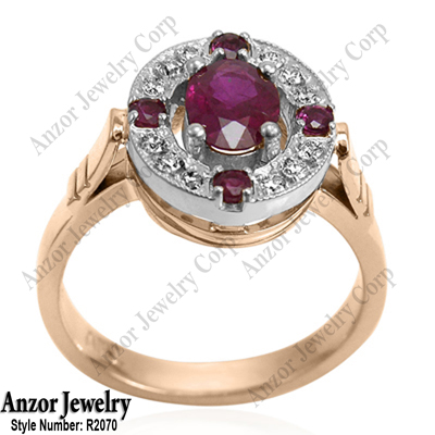 14k Solid Rose and White Gold .25 CT. G- VS2 Diamond 1.25CT. Ruby, Russian Style Ring<br>Zinaida design.