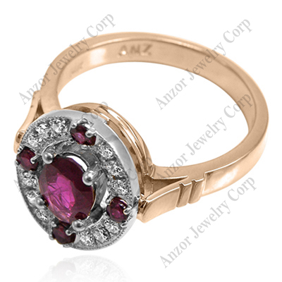 14k Solid Rose and White Gold .25 CT. G- VS2 Diamond 1.25CT. Ruby, Russian Style Ring<br>Zinaida design.