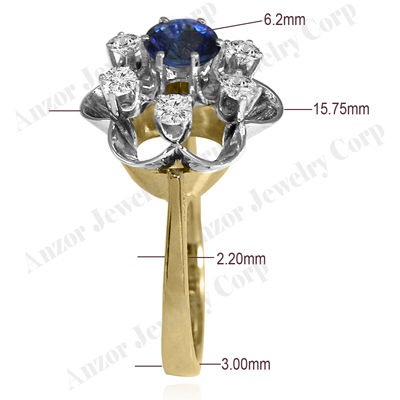 14k Solid Yellow and White Gold Genuine Sapphire Diamond Flower Ring