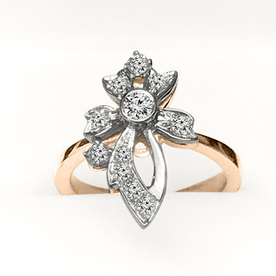Russian Style 14k Solid Rose and White Gold Fleur De Lis Genuine Diamond Ring #R2083