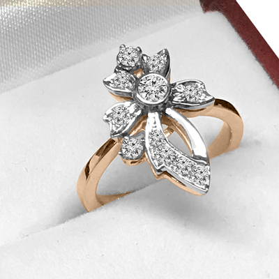Russian Style 14k Solid Rose and White Gold Fleur De Lis Genuine Diamond Ring #R2083