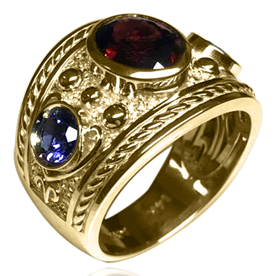 Men's 14k Solid Yellow Gold Natural Sapphire and Garnet Ring  <br>  ANZOR'S EXCLUSIVE "Patent Pending" in the USPTO.