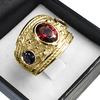 Men's 14k Solid Yellow Gold Natural Sapphire and Garnet Ring  <br>  ANZOR'S EXCLUSIVE "Patent Pending" in the USPTO.