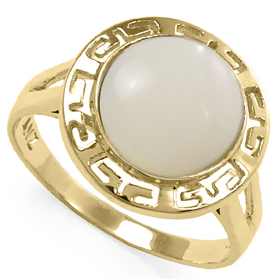 14k Solid Yellow Gold Greek Key Genuine Mother of Pearl Ring 10mm