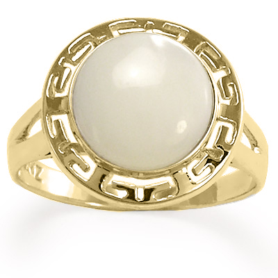14k Solid Yellow Gold Greek Key Genuine Mother of Pearl Ring 10mm