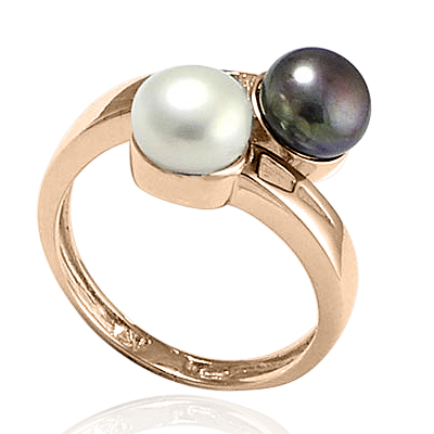 14k Solid Rose Gold Genuine White & Black Pearl  Ring. #R2106