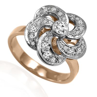 14k Solid Rose and White Gold Genuine Diamond Flower Russian style Ring #R2107
