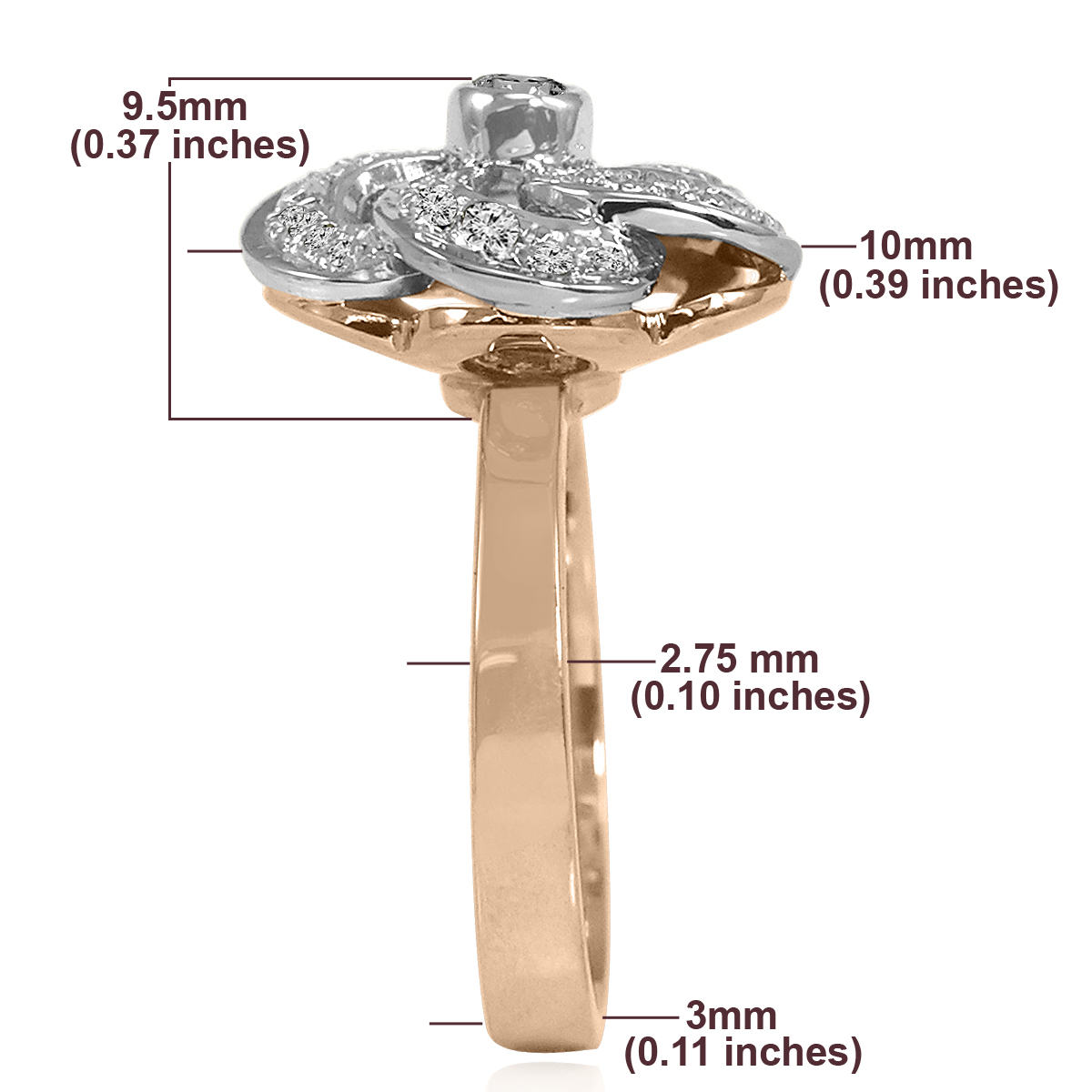 14k Solid Rose and White Gold Genuine Diamond Flower Russian style Ring #R2107