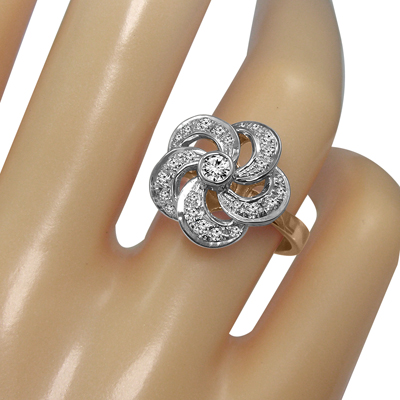 14k Solid Rose and White Gold Genuine Diamond Flower Russian style Ring #R2107