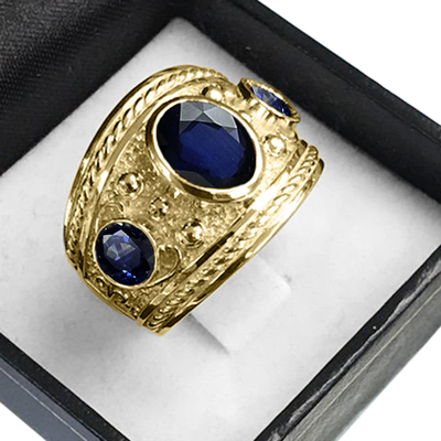 Men's 14k Solid Yellow Gold Genuine Sapphire Ring  <br>  ANZOR'S EXCLUSIVE "Patent Pending" in the USPTO.