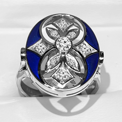 14k Solid White Gold Genuine Diamond Blue Enamel Russian style Ring