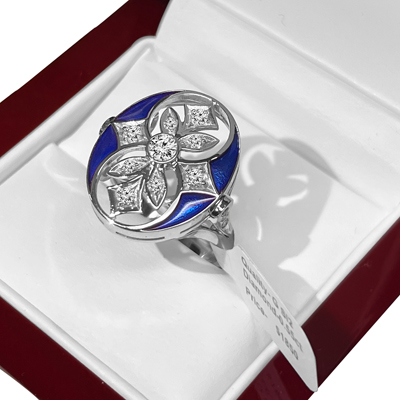 14k Solid White Gold Genuine Diamond Blue Enamel Russian style Ring