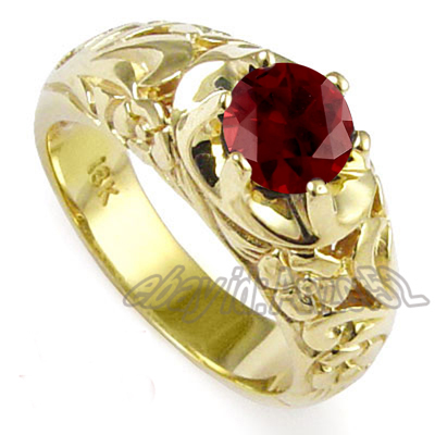 Men's 18k Yellow Gold & 1.45ct Natural Garnet Hand Engraved ROCOCO design Ring 