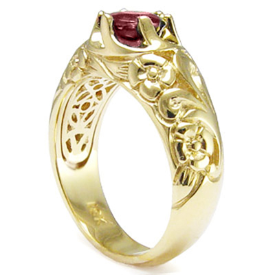 Men's 18k Yellow Gold & 1.45ct Natural Garnet Hand Engraved ROCOCO design Ring 