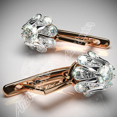 14k Rose and White Gold Genuine Diamond Earrings Russian style Such Earrings was a Dream of Every Woman in USSR