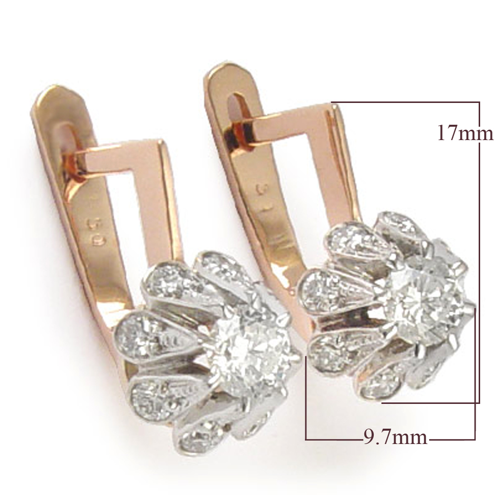 14k Rose and White Gold Genuine Diamond Earrings Russian style Such Earrings was a Dream of Every Woman in USSR