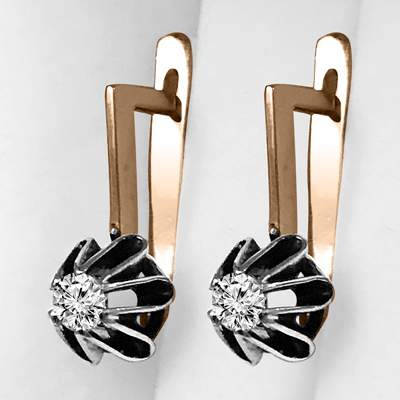 14k Solid Rose and White Gold Russian Vintage Style Diamond Black Rhodium Earrings #E1403