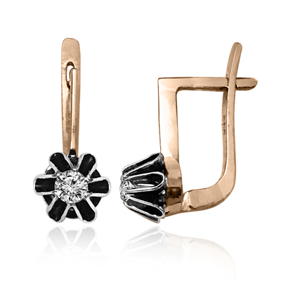 14k Solid Rose and White Gold Russian Vintage Style Diamond Black Rhodium Earrings #E1403