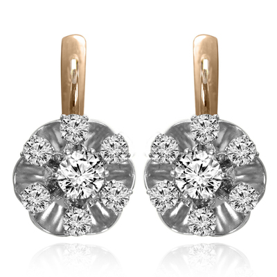 Russian Jewelry Genuine Diamond Earrings 14k Solid Two-Tone Gold (Rose-White) Russian Jewelry Genuine Diamond Earrings 14k Solid Two-Tone Gold (Rose-White)