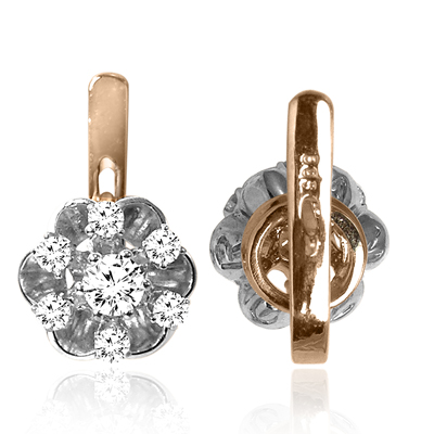 14k Solid Rose & White Gold Genuine Diamond flower Russian style Earrings #E1428