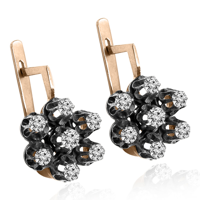 14k Two Tone Gold Genuine Diamond 1.80 Carats Russian Antique Gold Finished Style Earrings
