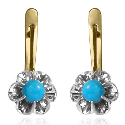 14k Solid Yellow and White Gold Genuine Turquoise Russian Earrings 585 14k Solid Yellow and White Gold Genuine Turquoise Russian Earrings 585