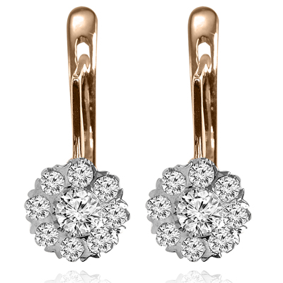 14k Solid Yellow & White Gold Genuine 0.90 ct Diamond Earrings Russian Jewelry Earrings Malinka.