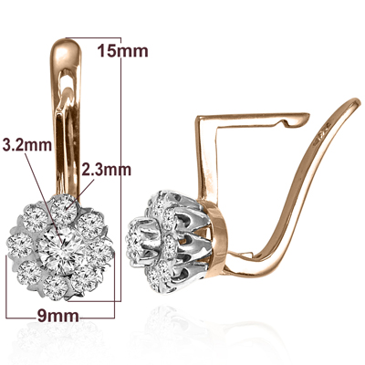 14k Solid Yellow & White Gold Genuine 0.90 ct Diamond Earrings Russian Jewelry Earrings Malinka.