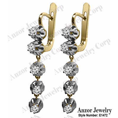 Russian Vintage Style diamond dangle  Earrings in 14k Solid Yellow and white gold