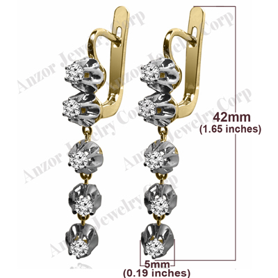 Russian Vintage Style diamond dangle  Earrings in 14k Solid Yellow and white gold