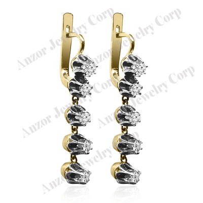 Russian Vintage Style diamond dangle  Earrings in 14k Solid Yellow and white gold