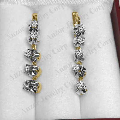 Russian Vintage Style diamond dangle  Earrings in 14k Solid Yellow and white gold