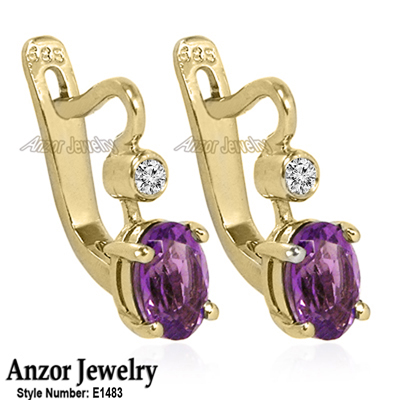 14k Solid Yellow Gold Genuine Amethyst & Diamond Russian Earrings 14k Solid Yellow Gold Genuine Amethyst & Diamond Russian Earrings