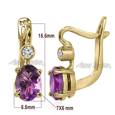 14k Solid Yellow Gold Genuine Amethyst & Diamond Russian Earrings 14k Solid Yellow Gold Genuine Amethyst & Diamond Russian Earrings