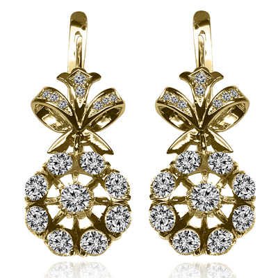 Women's Russian USSR Vintage Style genuine Diamond earrings 14k Solid Yellow Gold