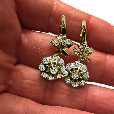 Women's Russian USSR Vintage Style genuine Diamond earrings 14k Solid Yellow Gold