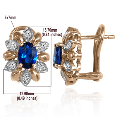 14k Rose and White Gold Genuine Diamond & Ceylon Sapphire Russian Style Earrings VS1 F