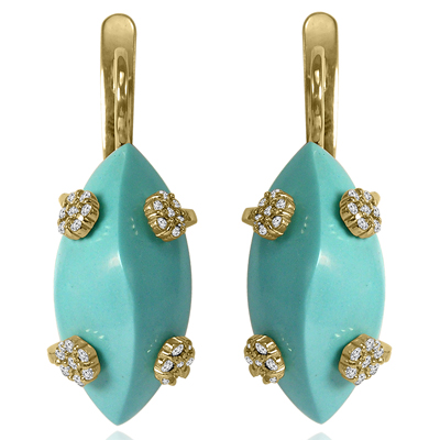 14k Solid Yellow Gold Genuine Diamond & Turquoise Russian Style Earrings E1505 14k Solid Yellow Gold Genuine Diamond & Turquoise Russian Style Earrings E1505