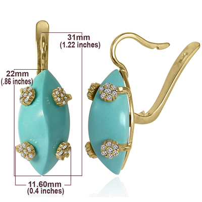 14k Solid Yellow Gold Genuine Diamond & Turquoise Russian Style Earrings E1505 14k Solid Yellow Gold Genuine Diamond & Turquoise Russian Style Earrings E1505