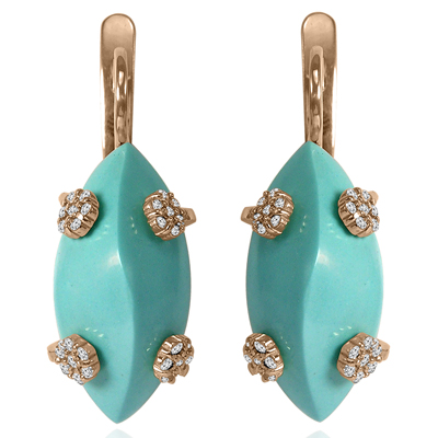 14k Solid Rose Gold Genuine Diamond & Turquoise Russian Style Earrings E1507 14k Solid Rose Gold Genuine Diamond & Turquoise Russian Style Earrings E1507