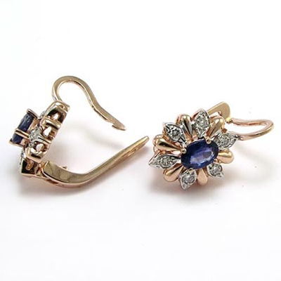 18k Rose and White Gold Genuine Diamond & Ceylon Sapphire Russian Style Earrings