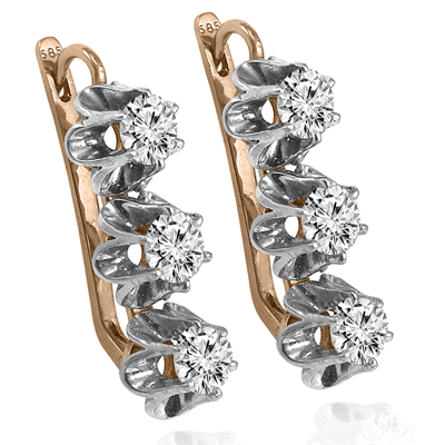 14k Solid Rose & White Gold White Topaz Russian Jewelry Earrings