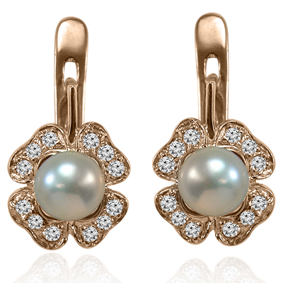 14k Solid Rose Gold Genuine Diamond and Pearl Russian Style Earrings 6.00 mm pearl 14k Solid Rose Gold Genuine Diamond and Pearl Russian Style Earrings 6.00 mm pearl