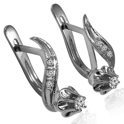 14k Solid White Gold Genuine Diamond Russian style Earrings E1523