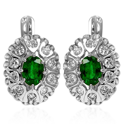 14k Solid White Gold Russian Antique Style Diamond Emerald Earrings 585