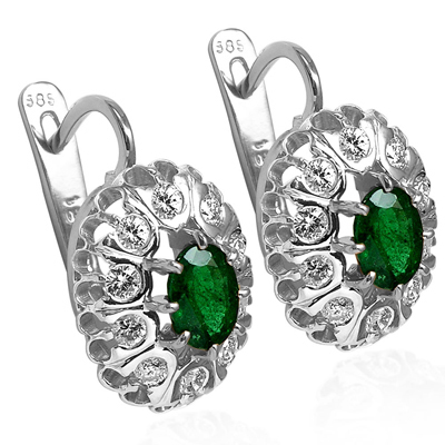 14k Solid White Gold Russian Antique Style Diamond Emerald Earrings 585