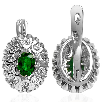 14k Solid White Gold Russian Antique Style Diamond Emerald Earrings 585